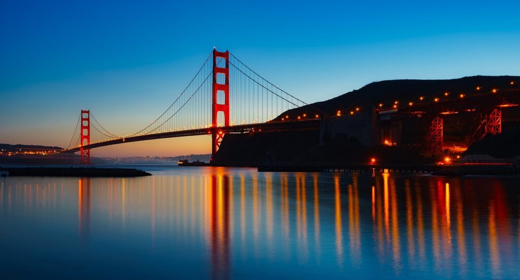 panorama, golden gate bridge, san francisco bay, suspensio bridge, infrastructure, bridge, famous, places of interest, illuminated, reflection, water reflection, landmark, architecture, nature, sunset, dusk, lights, glow, san francisco, california, water